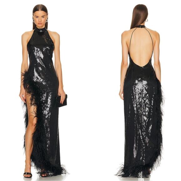 Retrofete Vixen Sequin Feather Hem High Slit Halterneck Maxi Dress Size Large - Picture 1 of 12